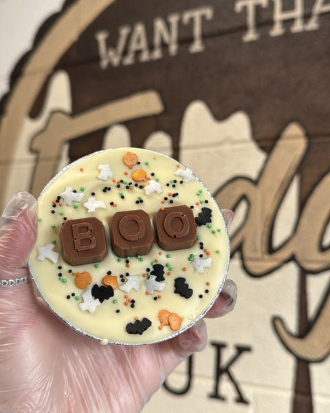 Boo! Halloween Caramel Fudge Pie