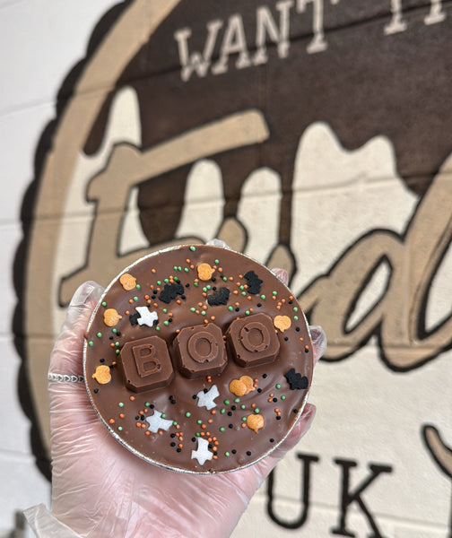 Boo! Halloween Caramel Fudge Pie